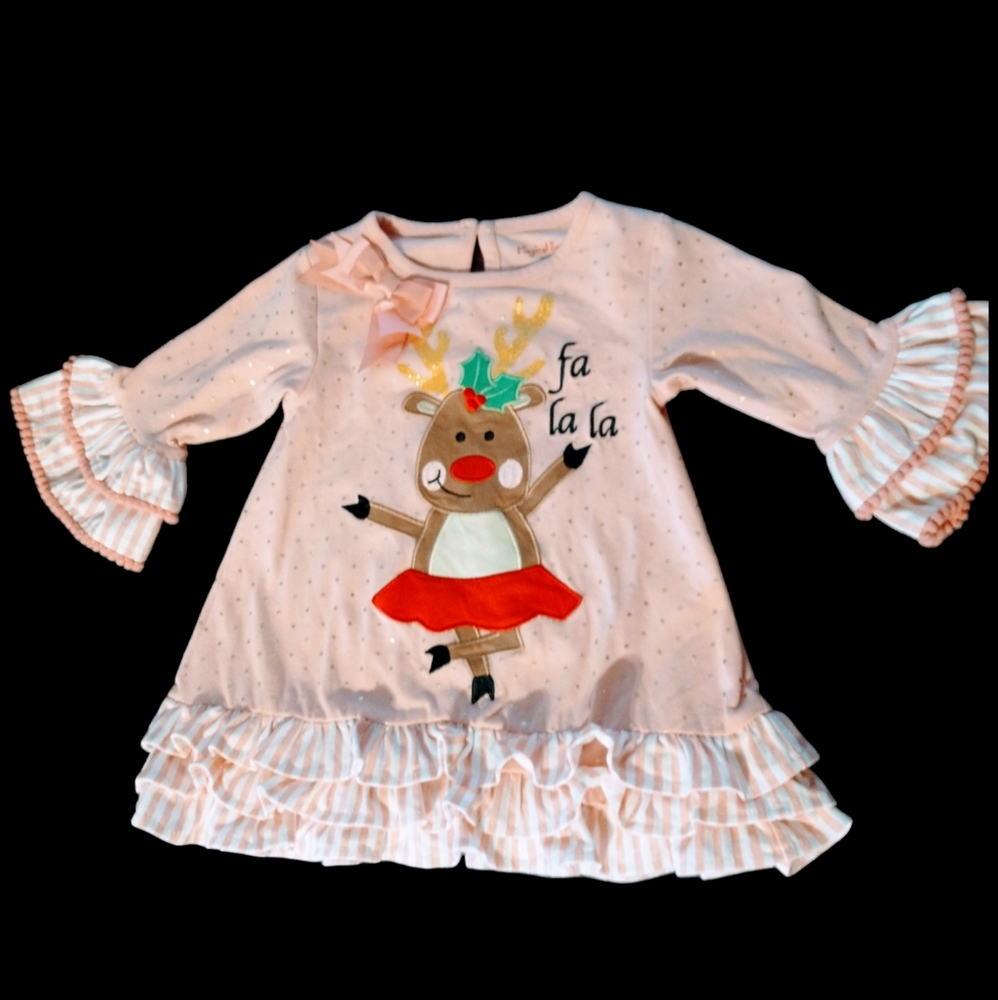 Girls Magical Season Pink Gold Fa La La reindeer Christmas Dress Size 24 Months